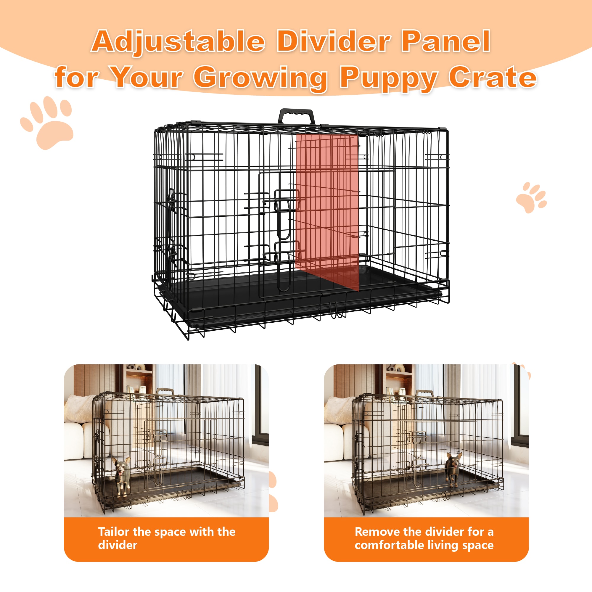 Dog Crate, 36 Inch Medium Dog Cage With Divider And Plastic Leak-Proof Pan Tray, Double Door Folding Metal Wire Cage For Indoor, Outdoor, And Travel, Made In Vietnam_voghion.com
